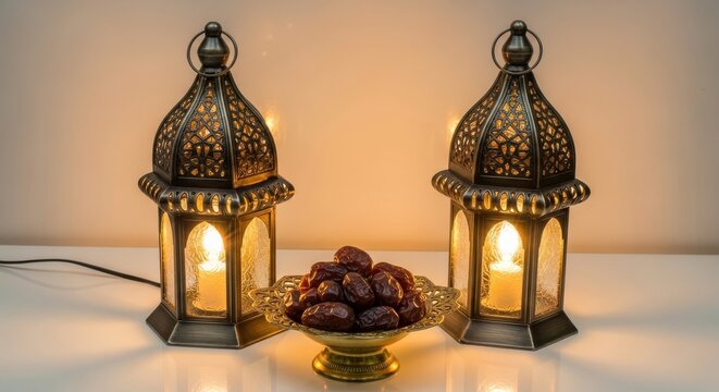 Elegant brass lanterns with lit candles and decorative dates