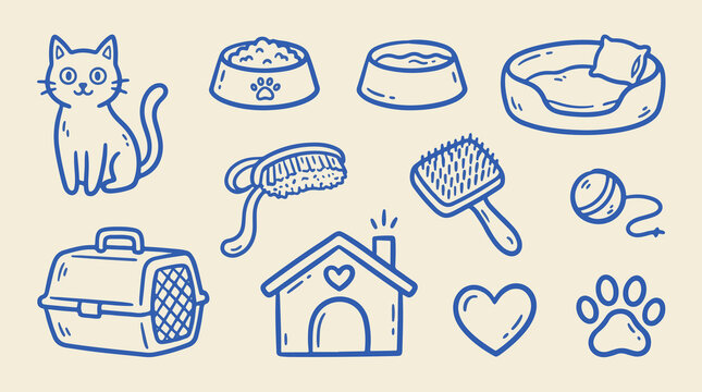 Cat grooming and transport line icon collection with kitten, food bowl, pet carrier, brush and cat house essentials, hand drawn blue outline vector on warm cream background