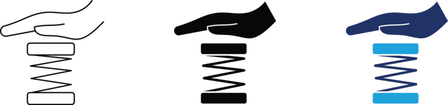 Resilience and mechanical compression icon set featuring a hand pressing a metal spring in outline, solid, and colored styles.