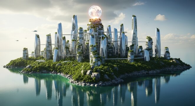 Futuristic skyline island with lush greenery and towering skyscrapers