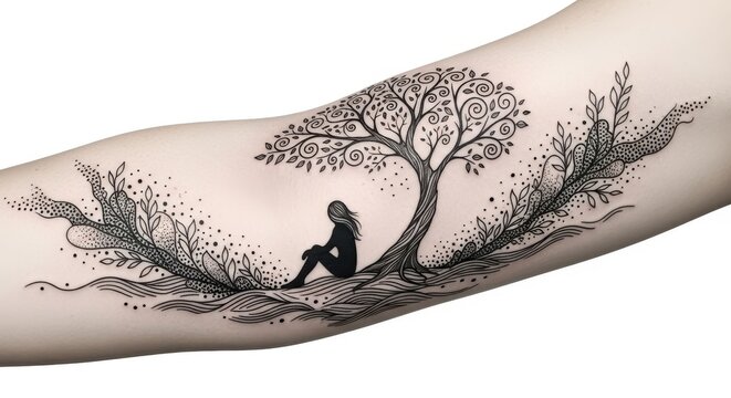 Contemplation beneath an intricate tree by flowing waters