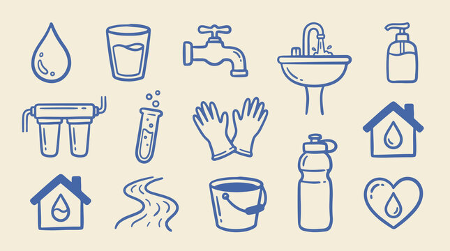 Water conservation and clean water line icon collection with water drop, drinking glass, faucet, test tube, eco home and river, hand drawn blue outline vector on cream background