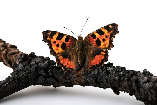 A beautiful comma butterfly, polygonia calbum, perched on a charred wooden branch isolated on white background