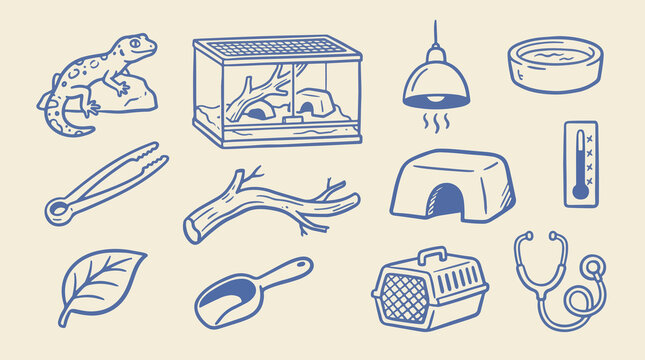 Frog and terrarium care line icon collection with frog, aquarium, thermometer, branch, leaf and habitat accessories, hand drawn blue outline vector on warm cream background