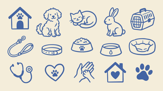 Dog veterinary and pet wellness line icon collection with pet house, fluffy dog, thermometer, collar, stethoscope and paw heart, hand drawn blue outline vector on cream background