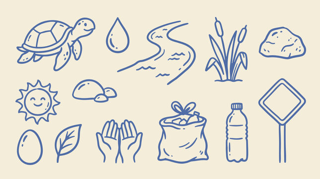 Turtle conservation and environmental care line icon collection with sea turtle, water drop, sun, cloud, egg, leaf and helping hands, hand drawn blue outline vector on cream background
