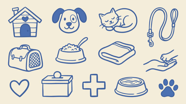 Pet adoption and dog shelter line icon collection with kennel, friendly dog, carrier, food bowl, heart and donation box, hand drawn blue outline vector on warm cream background