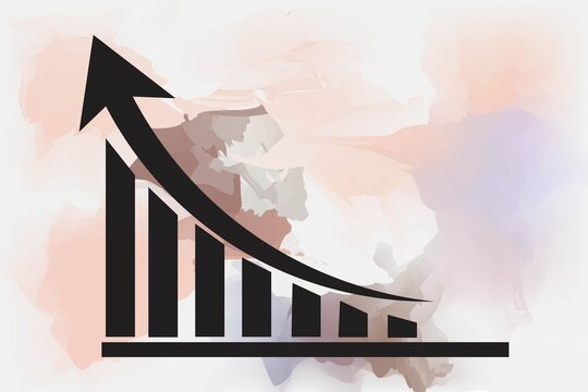 Growing upward arrow with decreasing bar chart isolated on white background