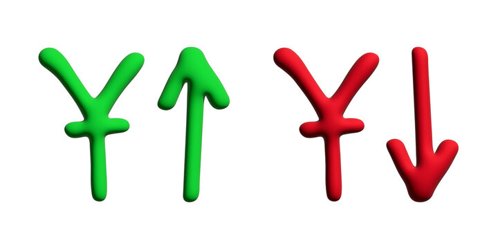 Hand drawn chinese yuan currency symbol Growth and fall profit with arrow up and down Brush stroke doodle Element for design
