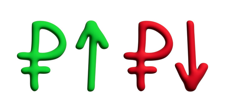 3d russian ruble currency symbol Growth and fall profit with arrow up and down Element for design