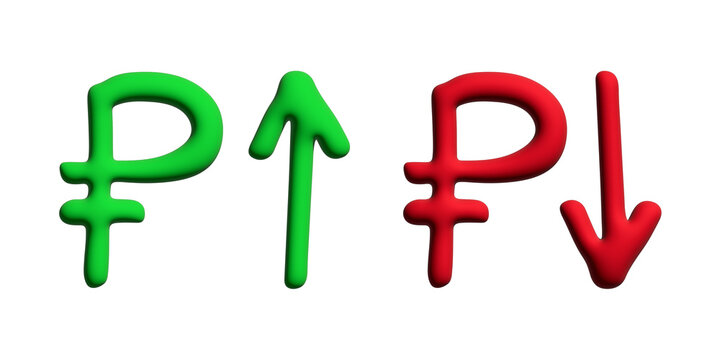 3d russian ruble currency symbol Growth and fall profit with arrow up and down Element for design