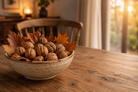 Waln&uuml;sse und Herbstbl&auml;tter in Keramikschale auf rustikalem Holztisch