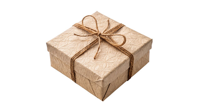 Small square gift box wrapped in craft paper with twine bow isolated on transparent background