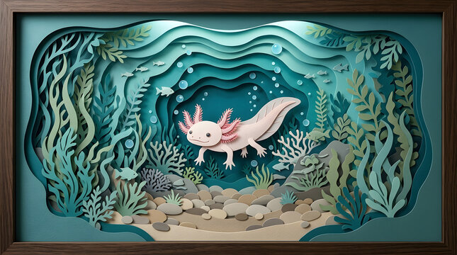 Axolotl swimming in papercut underwater ocean world frame