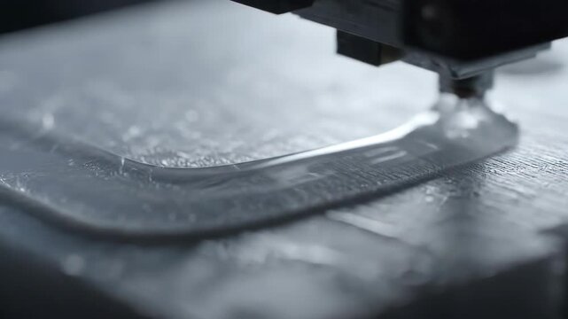 Macro view of a 3d printer nozzle extruding clear liquid while building a futuristic object with precision and innovation