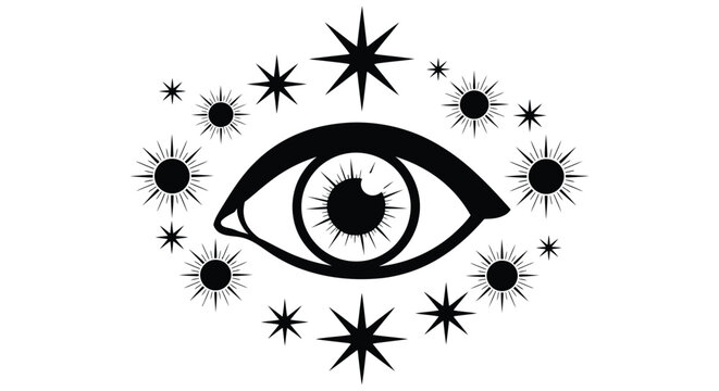 Black eye illustration surrounded by stars and sunbursts on a white background