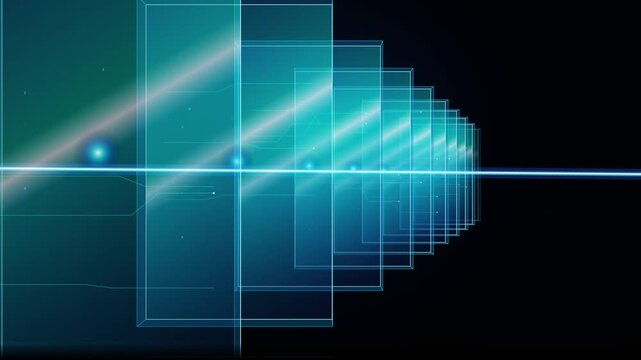 Abstract blue cubes in sequential motion against black background with light effects