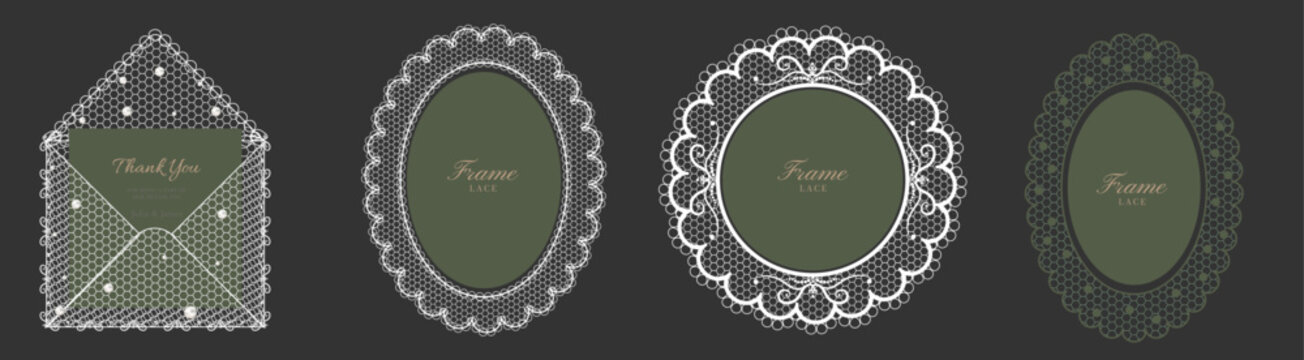 Lace frame set, horizontal vector collection with vintage doily borders, pearl accents and open lace envelope. Elegant ornate design for wedding invitation, thank you card or branding.