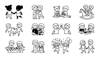Obraz premium Kids Friendship and Love Hand Drawn Doodle Vector Set, Children Sharing Happy Moments