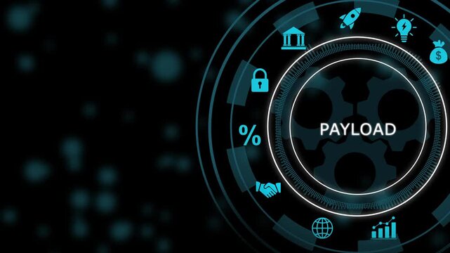 Digital payload concept with rotating gears and business hud interface animation technology