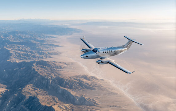 Turboprop Aircraft Cruising Above Vast Desert Landscape &mdash; Cinematic Aviation Travel Portrait

