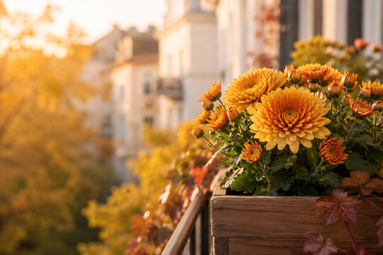 Orange Chrysanthemen im Blumenkasten auf herbstlichem Balkon