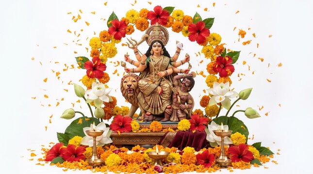Goddess Durga idol photo for Hindu festival celebration with flower decorations and diyas