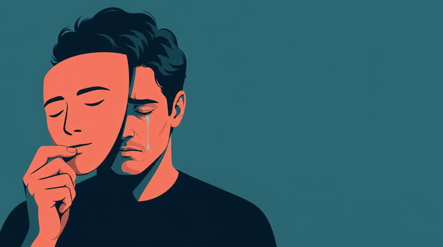 Crying man holding a happy mask to hide face