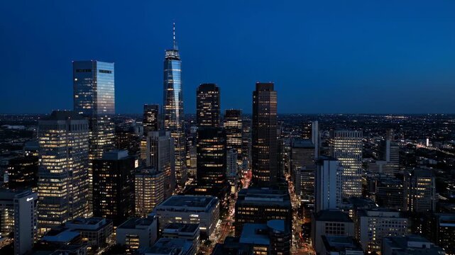 Skyscrapers at dusk while city lights illuminate the urban landscape with a sense of modern grandeur