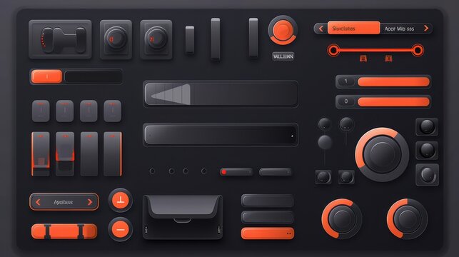 User interface elements kit designed in a sleek dark mode style with orange accents featuring various knobs, sliders, buttons, and switches for digital audio workstation or control panels.