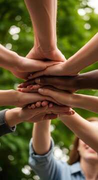 Diverse hands stacked together symbolizing unity and teamwork outdoors.