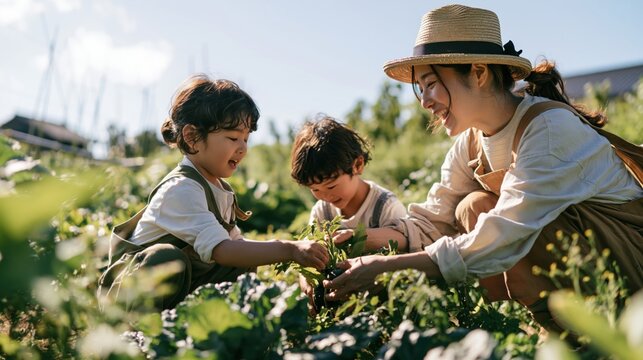 Young mother and two children happily harvesting vegetables in a sunny garden
