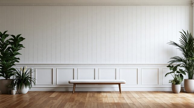 Minimal blank white shiplap wall with elegant wooden bench and potted plants