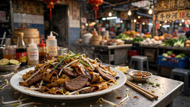 Wok-tossed beef chow fun noodles Cantonese restaurant