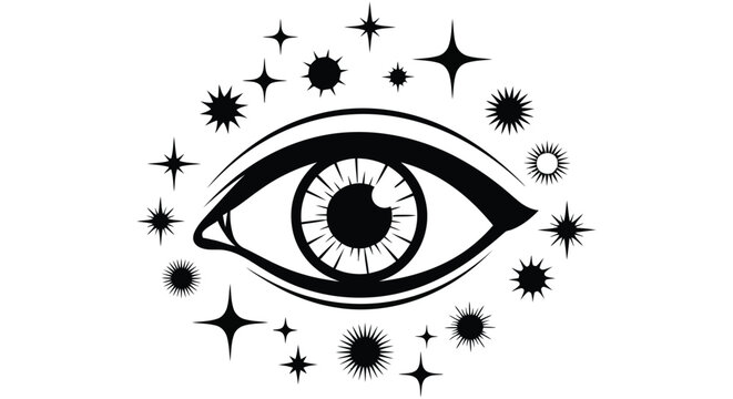 Black silhouette of an eye surrounded by starbursts on a white background