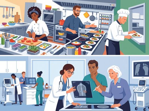 Professional chefs cooking in commercial kitchen and medical staff reviewing x-ray in hospital with food preparation medical team hospital room