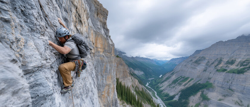 Female Rock Climber Ascending Dramatic Cliff &mdash; Adventure Sports and Landscape Portrait

