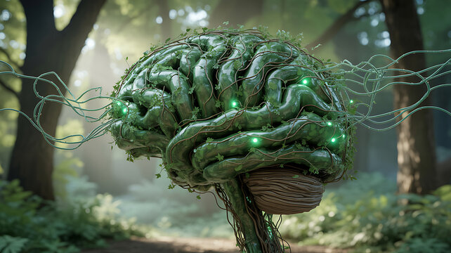 Organic human brain made of green vines and roots, glowing neural network in a forest, biological intelligence and environmental consciousness concept