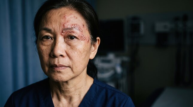 Asian woman patient in hospital gown with shingles herpes zoster rash and blisters on forehead