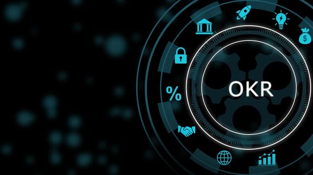 Okr objectives and key results business strategy hud interface animation with digital gear management