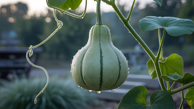 Striped green gourd hanging on vine, organic decorative squash with morning dew drops, fresh garden vegetable in soft natural light