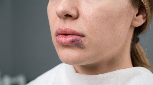 Close up of female lips with bruising and injection pinpoints following dermal filler enhancement