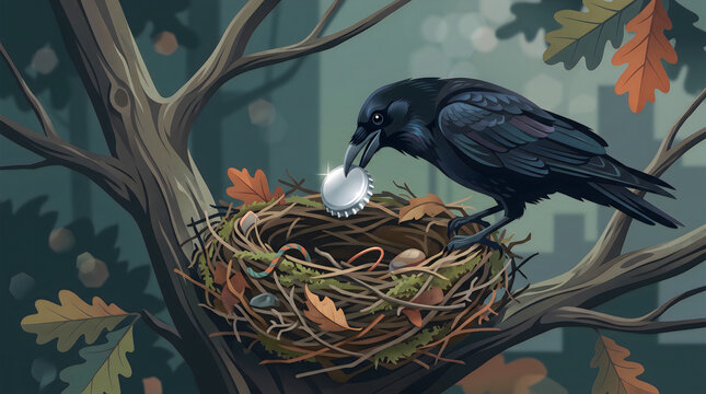 Raven collecting a shiny object to decorate its nest, resourcefulness and instinct concept, editorial vector illustration