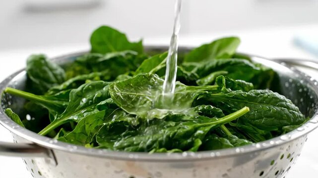 Fresh green spinach being rinsed with water in a colander for healthy cooking preparation
