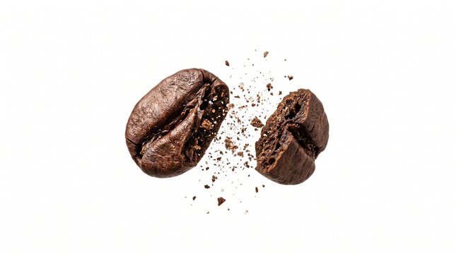 Freshly roasted aromatic brown coffee bean breaking apart dramatically in midair with tiny scattered fragments flying everywhere