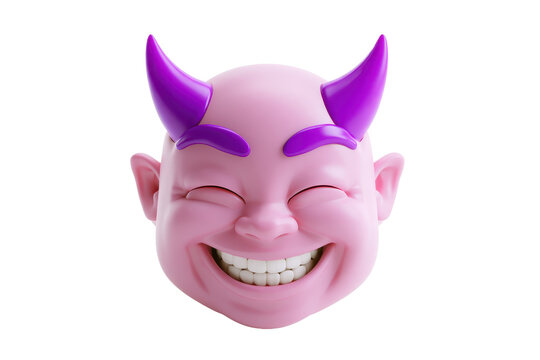 3D render of a smiling pink devil emoji head with purple horns and eyebrows isolated on a transparent background
