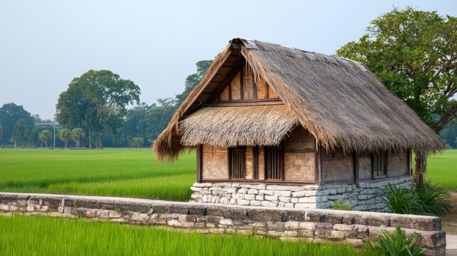 Traditional Thai bamboo hut in a lush green rice field