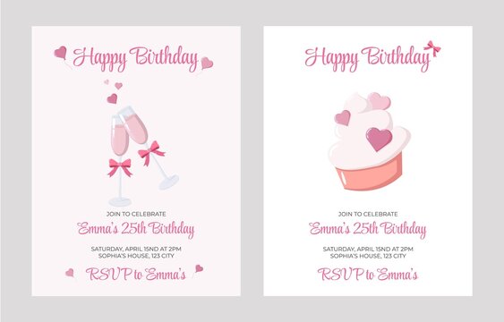 Set of two pink birthday invitation cards featuring champagne glasses with bows and a cupcake with hearts. Elegant festive templates perfect for party planning