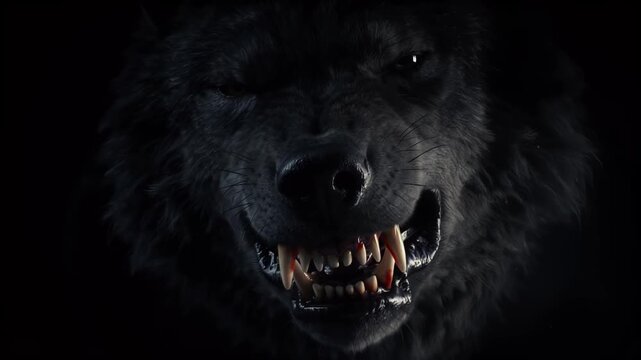 Fierce Black Wolf Snarling with Bared Teeth in Dark Studio Close up Cinematic Wildlife Footage