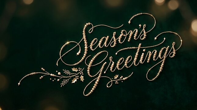 Elegant golden seasons greetings lettering with small pearls and holly leaves decoration